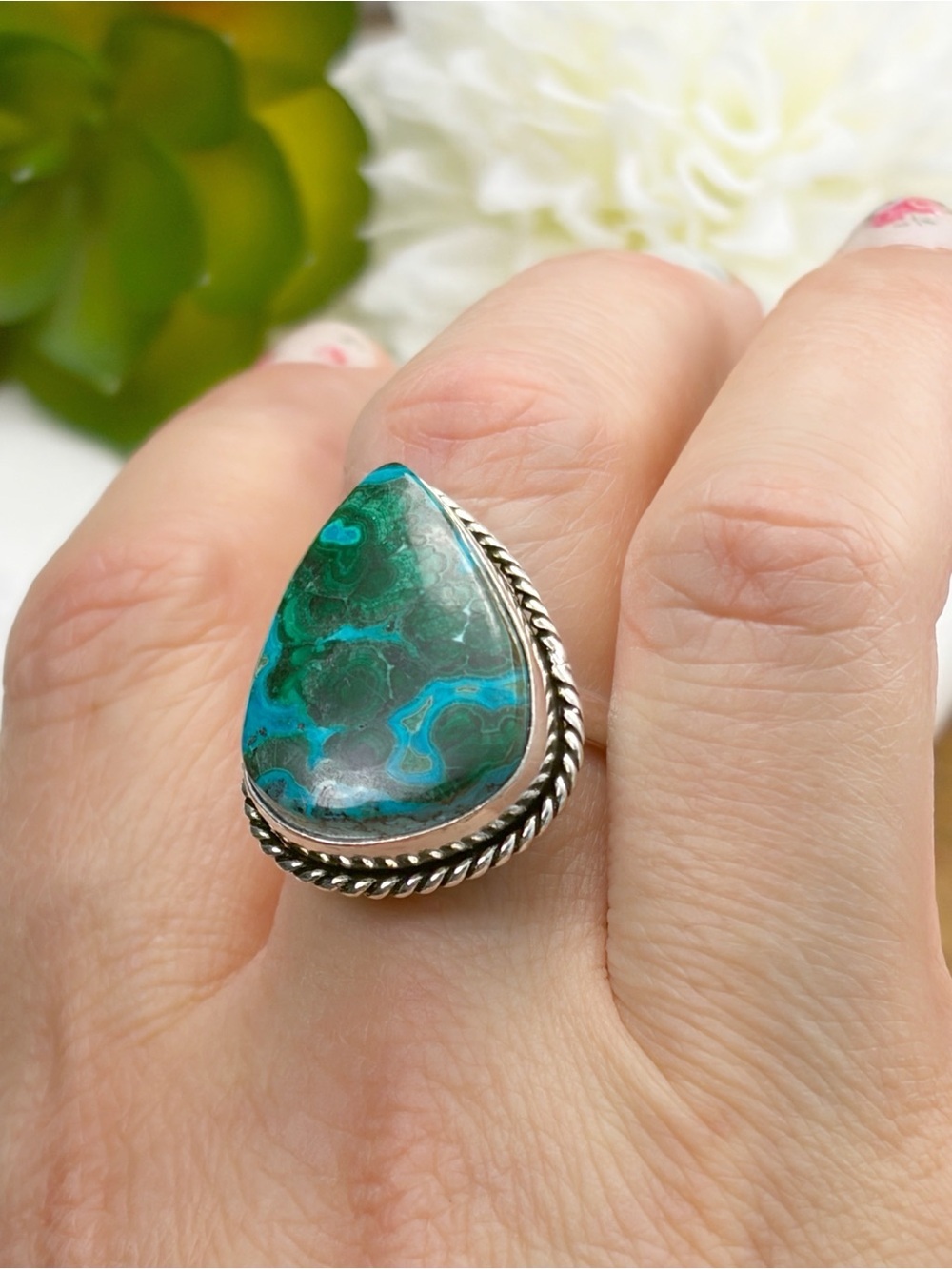Malachite Chrysocolla Ring Size 9 1/2 9.5 Southwest Sterling Silver 925 Overlay